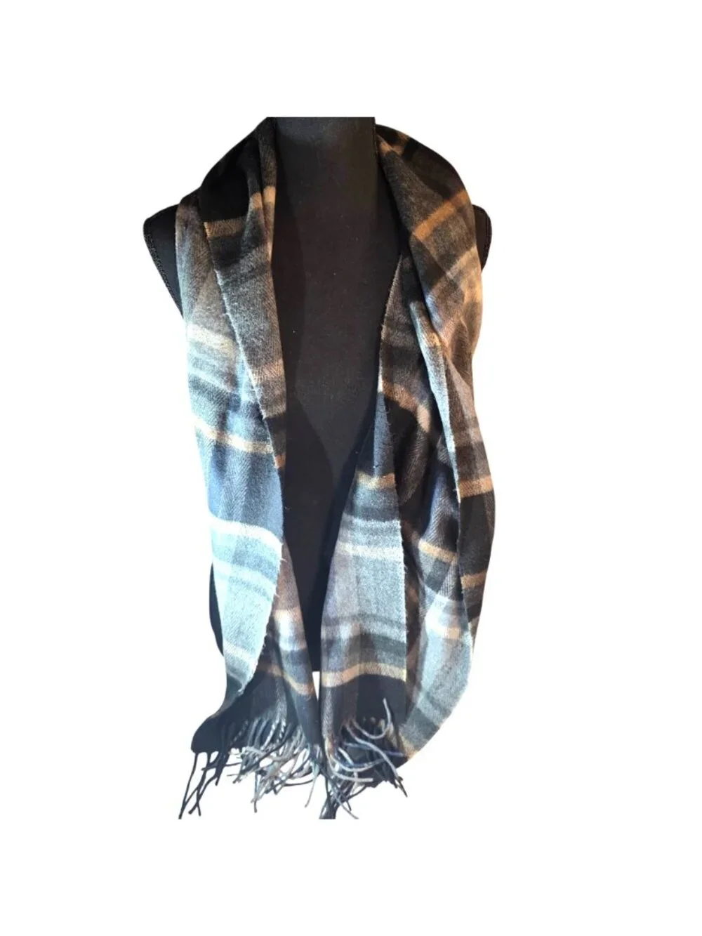 Plaid Fringe Scarf Gray Tan Soft Acrylic Made In Germany Fall Winter Academia